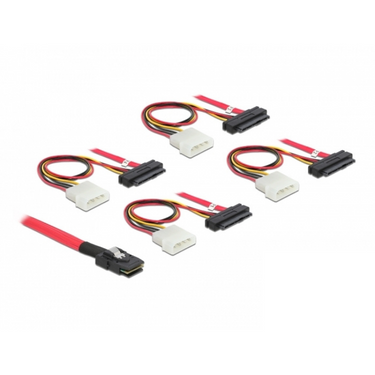 Delock mini sas sff-8087 > 4 x sas sff-8482 + power adapter (rood zwart, 1 meter)