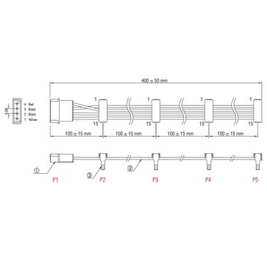 Delock kabelvoeding molex 4-pins stekker > 4x sata 15-pins adapter (zwart rood, 0,4 meter)