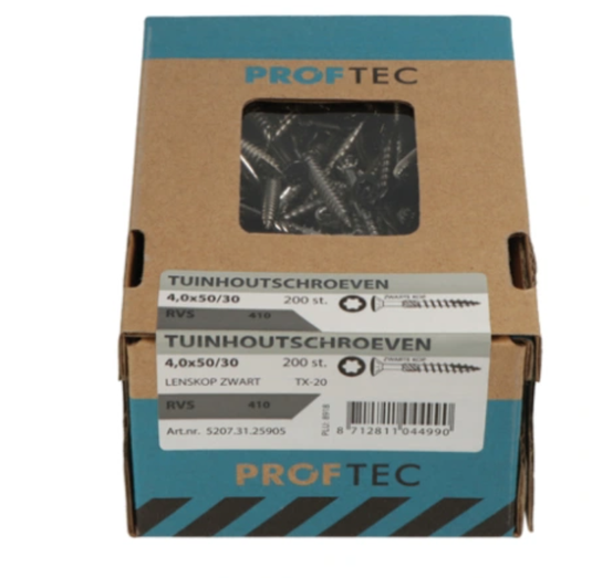 Proftec tuinhoutschroef rvs-410 lk zwarte kop +snijpunt torx tx20 4.0x50 30 | 200 stuks - 5207.31.25905