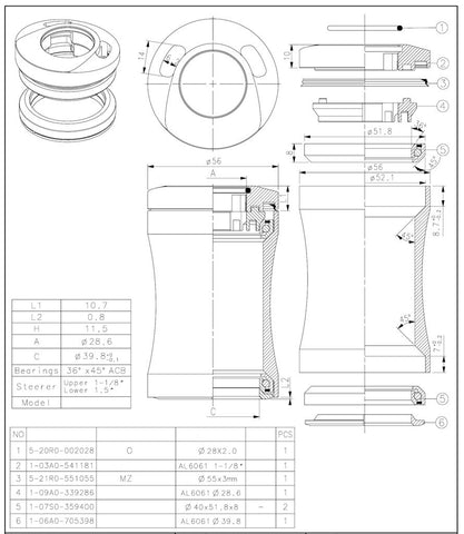 Tecora headset1 1/8 inch semi integrated with cable grommet