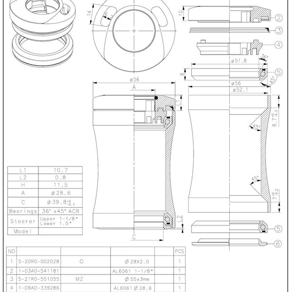 Tecora headset1 1/8 inch semi integrated with cable grommet