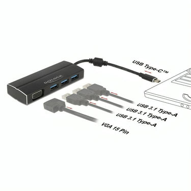 Delock usb-c 3.1 > 3x usb-a 3.0 + 1x vga usb-hub (zwart, 0,15 meter)