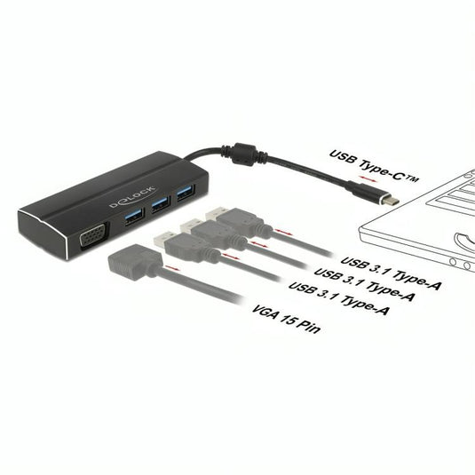 Delock usb-c 3.1 > 3x usb-a 3.0 + 1x vga usb-hub (zwart, 0,15 meter)