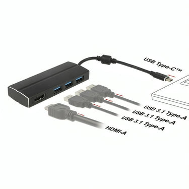 Delock usb-c 3.1 > 3x usb-a 3.0 hub + hdmi usb-hub (zwart, 0,15 meterr, 4k)