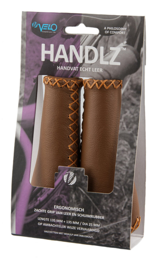 Velo Ergo Leather Handlebar Grips, 135 135mm, Dark Brown