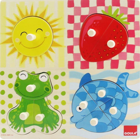 Goula puzzel - houten knopjespuzzel 4 kleuren - 4 stukjes