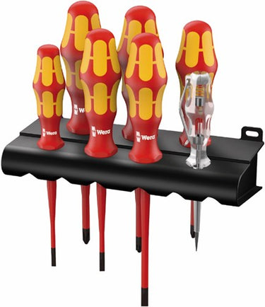 Wera 160 is 7 schroevendraaierset kraftform plus serie 100 (rood geel, eenpolige fasetester, houder, 7‑delig)