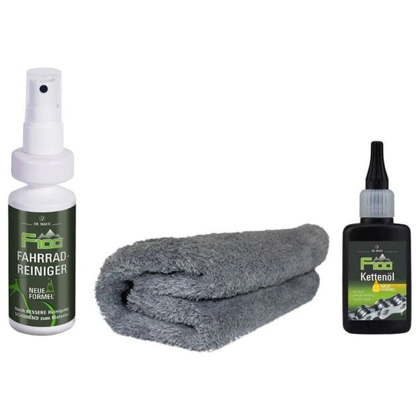 Care set DR.WACK consists of F100 chain oil, F100 bicycle cleaner and a microfibre cloth