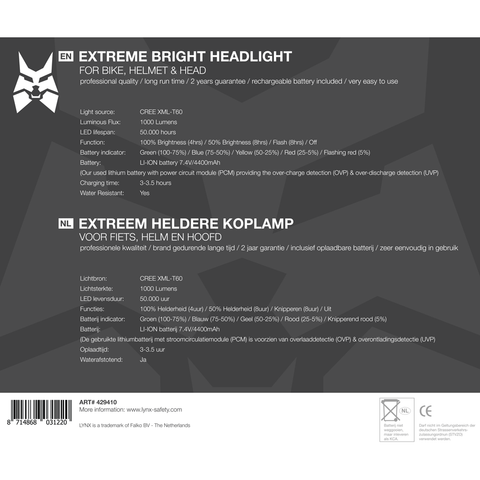 Lynx pro headlight extreme 1000 lumens rechargeable
