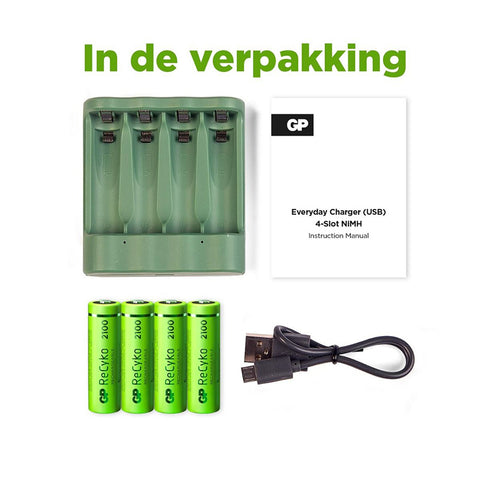 Gp usb batterijlader + 4 x aa-batterijen 2100mah nimh