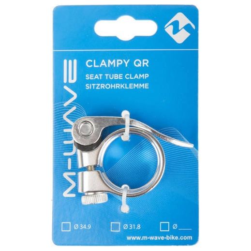 Seatpost clamp with quick release. 31.8mm silver, aluminum (hang packaging)