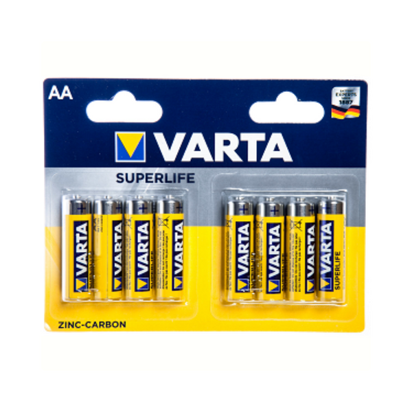 Varta Superlife AA batteries. Zinc-Carbon. per 8 in blister. (hang packaging)