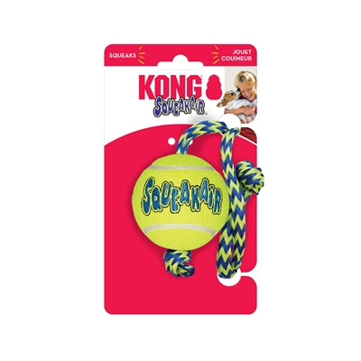 Load image into Gallery viewer, Kong Squeakair bal met touw geel blauw
