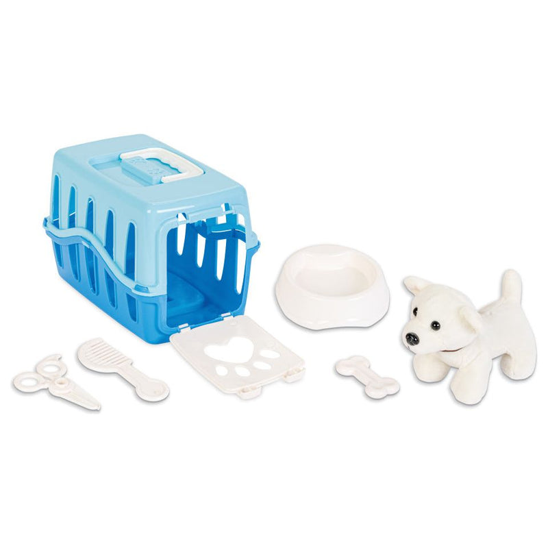 Load image into Gallery viewer, Pilsan Knuffelhondje met verzorgingsset incl. reismand blauw wit

