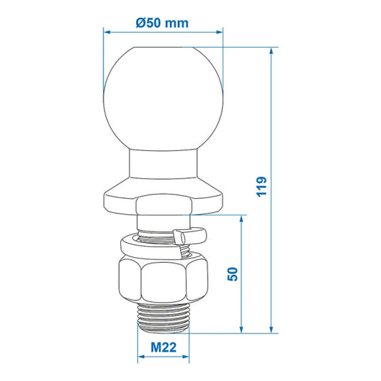 Proplus Trekhaakkogel 50 mm recht M22 in blister zilver
