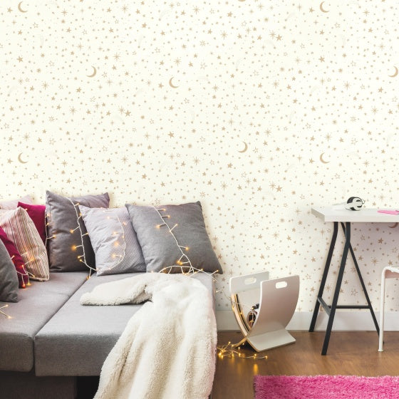 Load image into Gallery viewer, Roommates Zelfklevend behang Twinkle stars 52 x 500 cm wit goud
