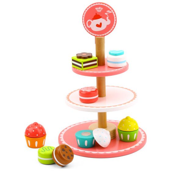 Load image into Gallery viewer, Tooky toy Houten Etagère met Gebakjes Roze Wit 12-delig
