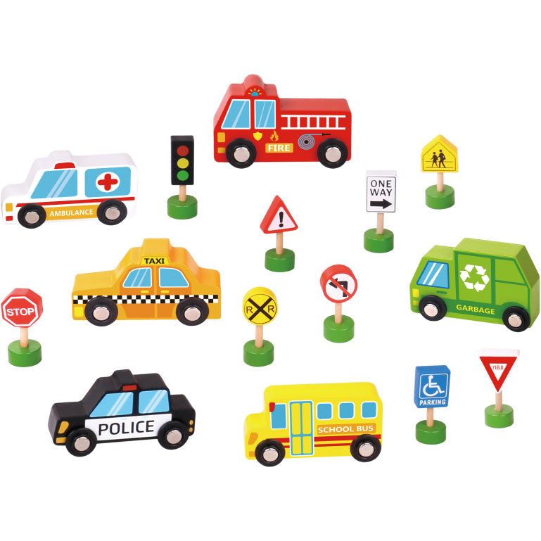 Load image into Gallery viewer, Tooky toy Houten Voertuigenen Verkeersbordenset 16-delig
