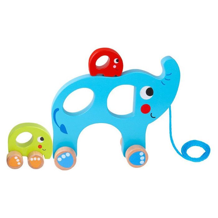 Load image into Gallery viewer, Tooky toy Olifant Houten Trekfiguur 18 maanden Blauw 3-delig
