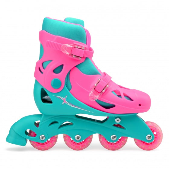 Load image into Gallery viewer, Xootz Inline skates hardboot roze turquoise maat 32-35
