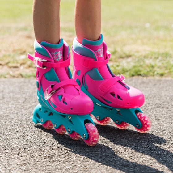 Load image into Gallery viewer, Xootz Inline skates hardboot roze turquoise maat 32-35

