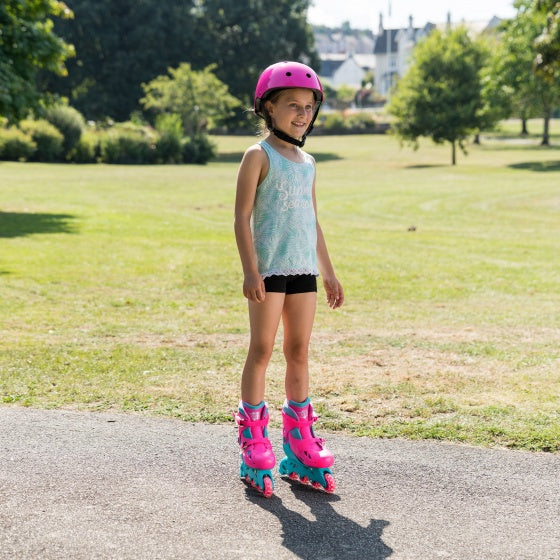 Load image into Gallery viewer, Xootz Inline skates hardboot roze turquoise maat 32-35
